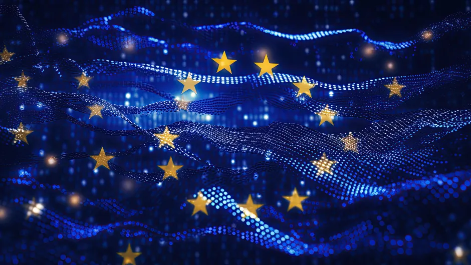 AI generierte blaue Flagge mit funkelnden Sternen